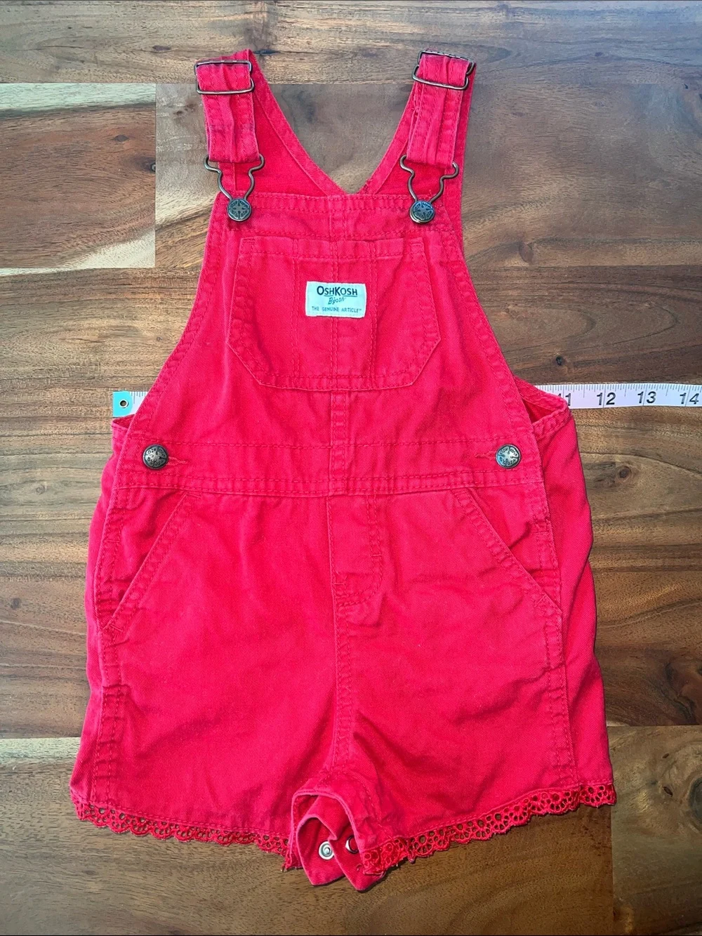 Red Eyelet Trim Overall Shorts